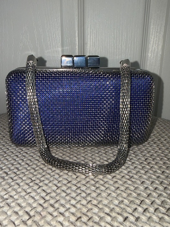 BCBG Handbags - BCBGMAXAZRIA Blue Metallic Clutch Silver Chain Strap Clasp Party Formal